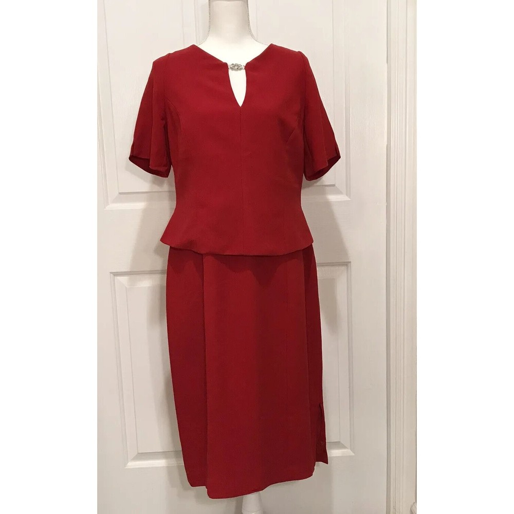 Jones New York Evening Red Mock Suit Dress Embellished V-Neck Size 12 SS…